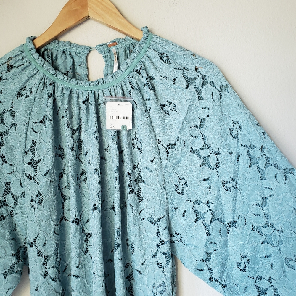 Free People | Floral Lace Scoop Neck Scalloped Hem Pirate Sleeve Blouse Top - Picture 5 of 10